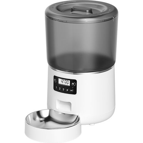 Distributeur de Croquettes pour Chats et Chiens, Distributeur Automatique Nourriture, avec Bol en Acier Inoxydable, 1 à 4 Repas, 4L, Distributeur croquettes chat automatique,Blanc