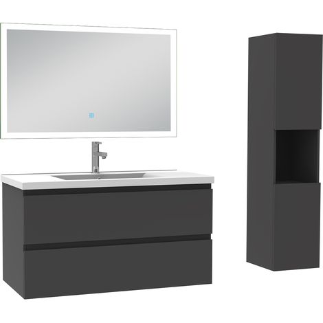 Ensemble meuble de salle de bain 100cm, vasque céramique + colonne haut + miroir lumineux, anthracite (1/5)