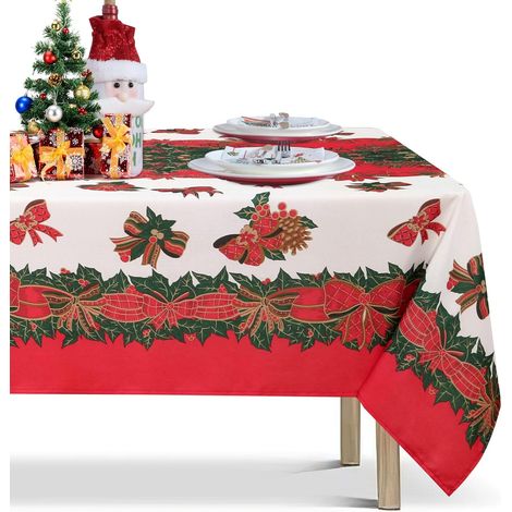Nappe de Noël Rectangle 60x70 pouces Motif de ruban de houx Nappes de vacances lavables et résistantes aux plis pour la réunion de famille de Noël, table de salle à manger (1/5)