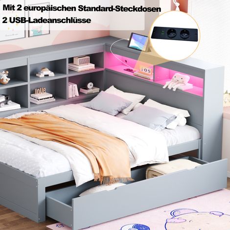 Canapé-lit double en bois massif gris 140x200cm, rangements spacieux avec tiroirs larges, port USB, éclairage LED, étagères intégrées, meuble multifonctionnel pour chambre. (1/5)