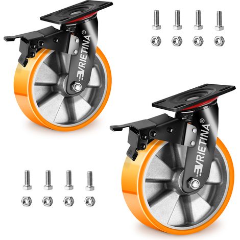 Lot de 2 Roulettes Pivotantes à Frein Ø200mm, Jusqu'à 1000KG, Roulettes Charge Lourde avec Frein, Rotation à 360°, avec Noyau en Aluminium Roulettes Caoutchouc, Roulettes Industrielles Robustes