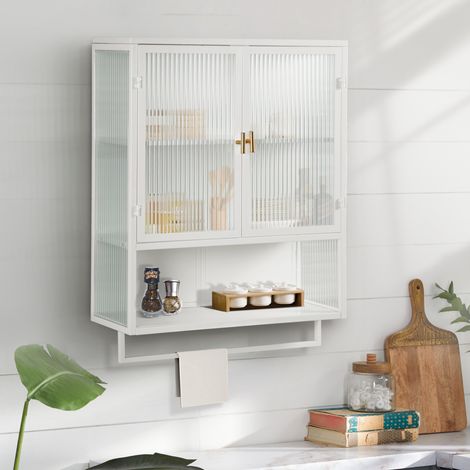 Armario de pared de metal blanco con puertas de vidrio templado, 60x23x78 cm, 2 puertas, estante abierto y barra (1/5)