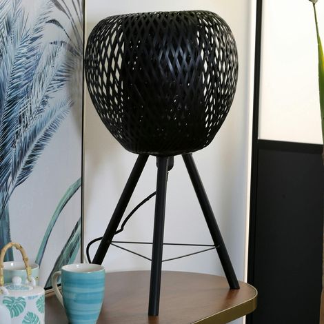 Lampe forme Pomme en bambou ajouré noir et pieds métal D33xH59cm (1/4)