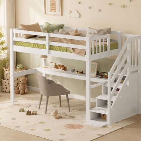 Cama alta infantil 90x200 cm de madera y MDF blanca con escritorio, sin colchón – MEUBLIV (1/5)