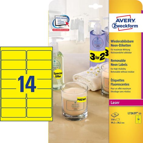 Avery L7263Y-25 etiqueta de impresora Amarillo Etiqueta para impresora autoadhesiva