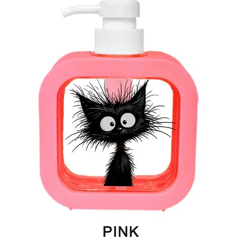 (Rose 300 ml) Distributeur de savon liquide rechargeable avec motif chat noir mignon et effrayant - Pompe à lotion fantaisie sur le thème du chat noir (1/5)