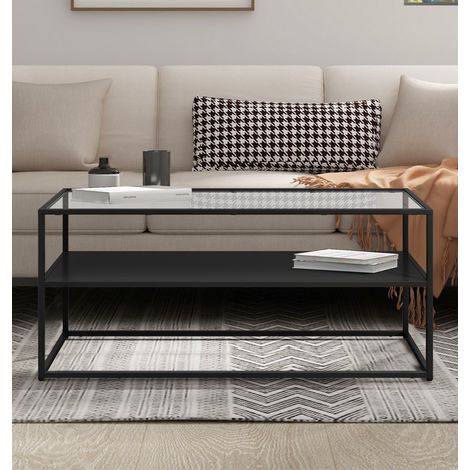 Hallowood Furniture Bewdley Black Metal Coffee Table with Glass Top, Industrial Style Large Rectangular Centre Living Room Table with Shelf for Modern Living Rooms or Lounges (1/5)