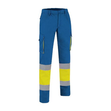 Pantalón de Alta Visibilidad multibolsillos bicolor con cintura elástica y cintas reflectantes EN 20471 de sarga VALENTO FACTORY S Amarillo flúor / Azul royal