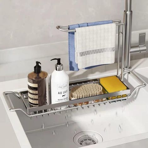 Organisateur Evier Cuisine,Rangement Evier Cuisine Support pour Eponge,Chiffon,Brosse,Liquide Vaisselle,Organisateur Drainage de télescopique-Argent (1/5)