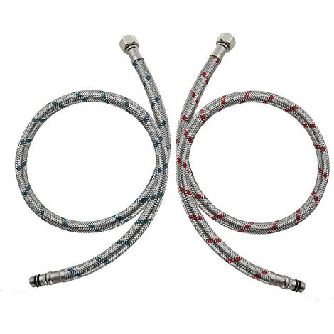 Tuyau de raccordement flexible pour robinet G3/8 x M10 de 60 cm, en acier inoxydable, pour plan de travail de cuisine ou douche (rouge et bleu). (1/5)