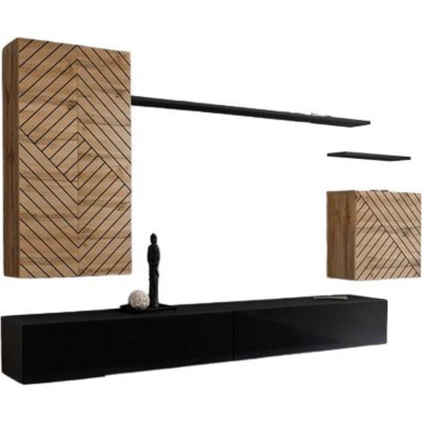 Set mobili soggiorno SWITCH II – Rovere Wotan e Nero – Finiture effetto rovere fresato e nero lucido – Design moderno