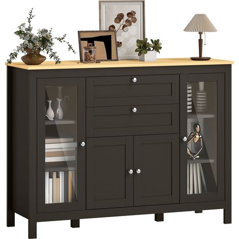 Mobile credenza con 1 anta a due ante, 2 ante in vetro, 2 cassetti e ripiano regolabile, 120x40x90 cm, nero.