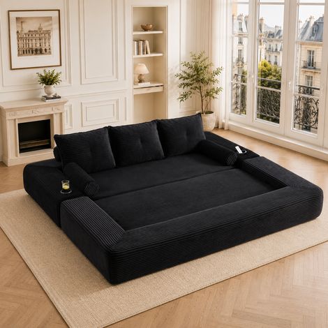 Sofa pliant en cord pour 3 personnes, mousse haute densité avec ressorts, stable et confortable. Avec poches, porte-gobelet, coussin mémoire + 2 coussins décoratifs. Emballé sous vide, montage rapide, (1/5)