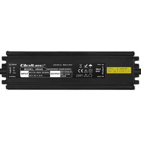 Qoltec LED-Schaltnetzteil IP67 150W 12V 12,5A Wasserdicht Schwarz (1/5)