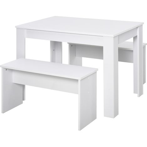 Kitchen Dining Table 2 Benches Set, Table Chairs Set for Limited Space, White (1/5)