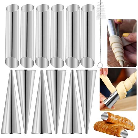 Stainless Steel Mousse Rolling Moulds - 25 Piece Non-Stick Set with 12 Cones and 12 Tubes + Cleaning Brush - Pastry Accessories for Cannoli, Croissants and Puff Pastry (1/5)