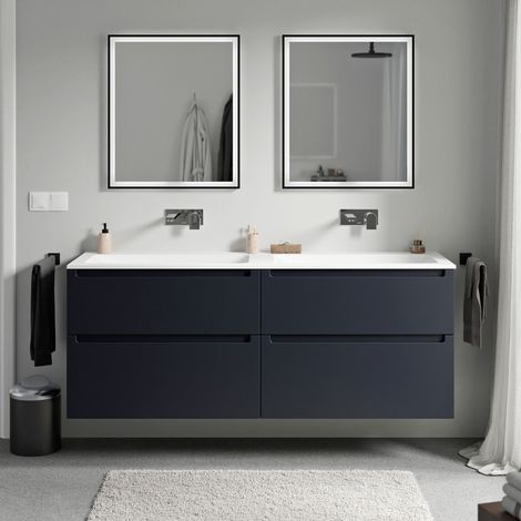 BERNSTEIN - Mueble lavabo doble suspendido MDF azul noche mate, lavabo fundición blanco mate sin orificio grifería, caj. giratorios 160x46x62cm VIREO Blanco mate sin agujero para grifería, Azul median