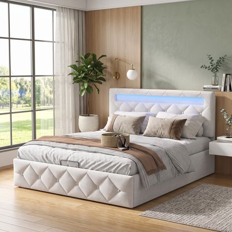 Superaly Lit coffre rembourré 160x200cm, Rangement hydraulique, 2 places, Tête de lit réglable avec éclairage LED, Sommier à lattes, Lit adulte de style moderne, petit appartement, velours, abricot (1/5)