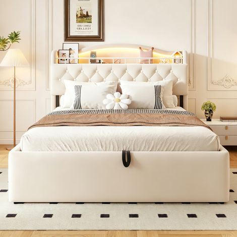 Lit coffre capitonné 140x200cm - velours - sommier hydraulique - LED - chargeurs USB-C - tête strass - Beige (1/5)