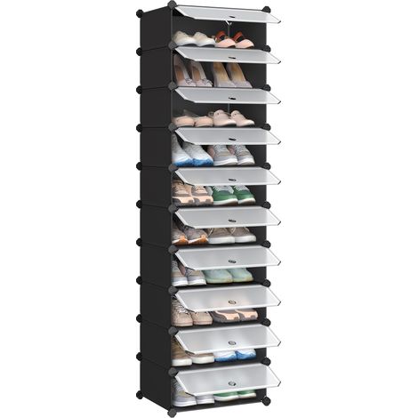 Meuble à Chaussures avec 10 Compartiments Rectangulaires, pour 20 Paires, Étagère Modulable en Plastique, Boîte à Chaussures, avec Porte, Maillet, Rangement, Noir LPC10HV1 (1/5)