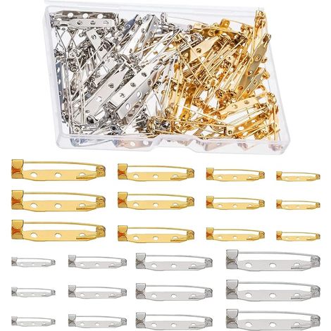 200 Pièces Épingle Badgede en Ton Argent Épingles de Barres Fermoir de Sécurité avec Boîte en Plastique, fermoirs à épingle4 Tailles, 20 mm, 25 mm, 30 mm et 35 mm (Or et Argent)