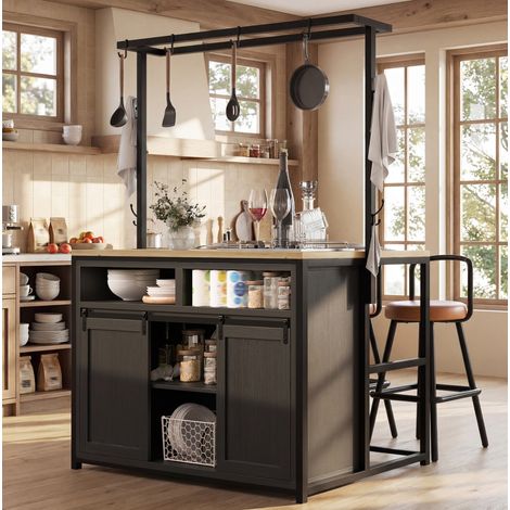 Meuble de cuisine multifonction 107 x 62 x 183 cm avec prises USB, rangements ouverts, portes coulissantes - noir (1/5)