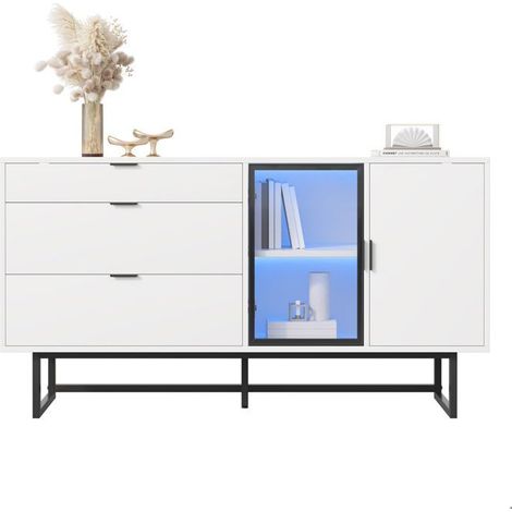 Buffet, rangement 3 tiroirs Vitrine salle à manger, blanc moderne luxe, portes vitrées, LED intégrées (1/5)