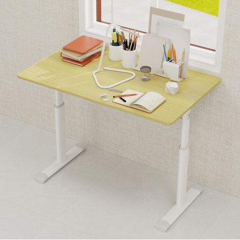 Bureau réglable en hauteur bois et métal avec manivelle, structure stable à double colonne (1/5)