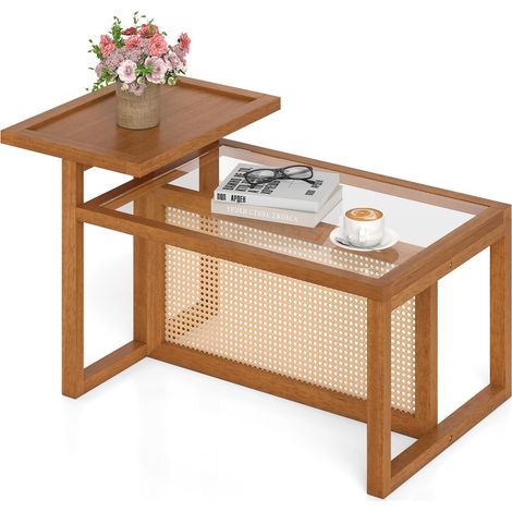 COSTWAY Tavolino Salotto in Vetro Temperato e Rattan a 2 Ripiani (1/5)