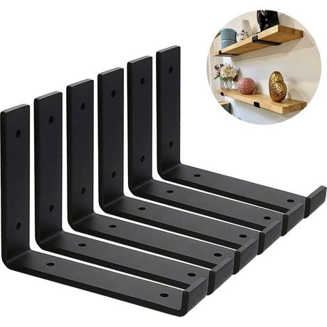 Juego de 6 soportes de pared resistentes de 5 mm de grosor para andamios - Soporte para estantes de pared - Soportes industriales negros para estantes con tornillos a juego (20 cm) (1/5)