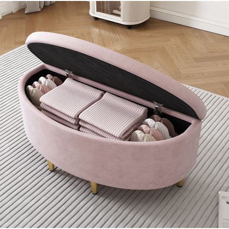 Banc coffre rembourré style européen en velours rose 90x40x42 cm avec rangement intégré (1/5)