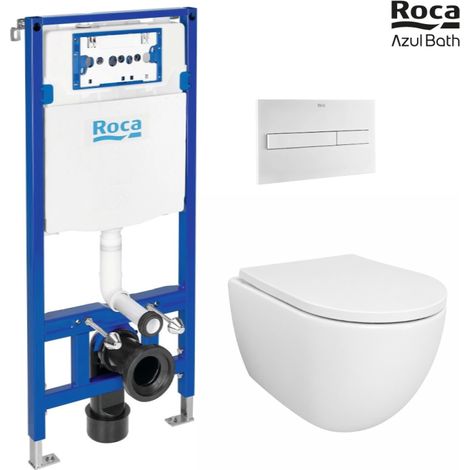 Pack Bastidor ROCA Duplo Cisterna Empotrada y Pulsador PL7 Blanco Mate + Inodoro Suspendido SWISS 53 cm Tornado y Soft-Close