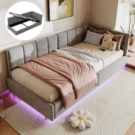 Letti singoli 90x200 cm, avec éclairage LED, USB intégré et tissu velours - Lit flottant, avec base à lattes, canapé-lit et Letti contenitori moderne - Gris