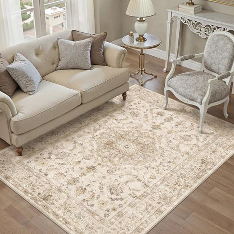 Tapis Salon Beige 120x170cm Lavable Vintage Tapis pour Salon Poils Courts Antidérapant Doux Bohémien Rétro Carpet pour Cuisines Chambre Bureau Salle Bureau Chambre (1/5)