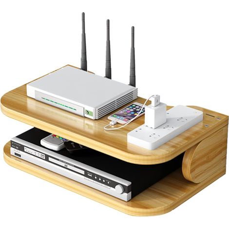 Routeur WiFi Boîte de Rangement Étagères Flottantes TV Set-Top Rack Mural Multicouche Gestion de Câbles Étagère de Rangement pour Décoration Murale Bois de Cerise (1/5)