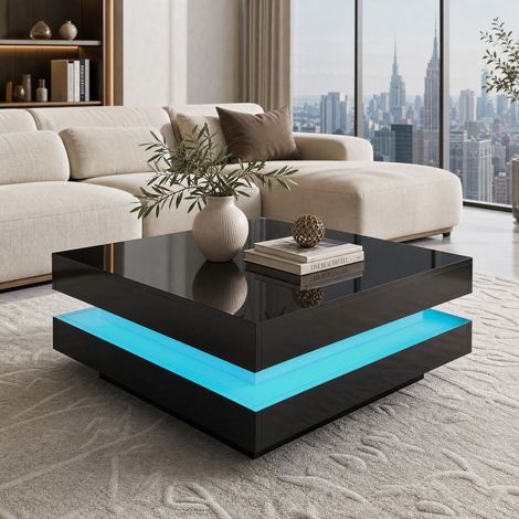 Table basse carrée 70x70x36 cm noire – LED Bluetooth 16 couleurs, effet moderne (1/5)