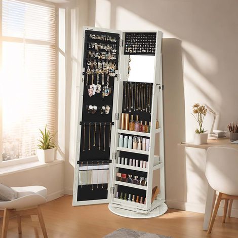 Armoire à Bijoux, avec Miroir Pleine Longueur, Pivotant à 360°, Verrouillable avec des Clés, pour Chambre, Blanc Boisé Grisâtre (1/5)