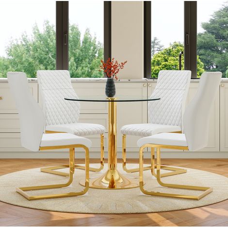 Conjunto mesa redonda 85x76 cm vidrio/metal blanco y dorado con 4 sillas – MEUBLIV (1/5)