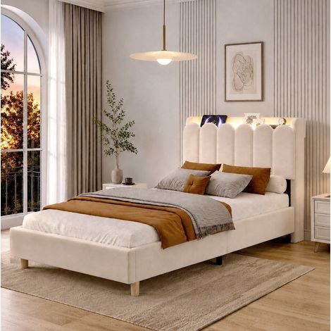 Cama tapizada 90/200 cm de terciopelo beige con somier, almacenaje y USB/Type-C (1/5)