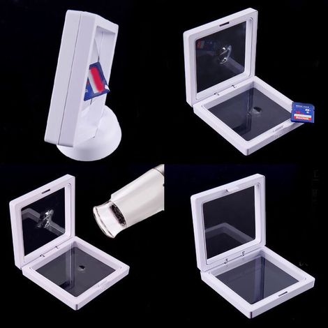 Boîte de rangement pour bijoux en film PE transparent, cadre flottant 3D, présentoir à bijoux blanc, 7 x 7 x 2 cm (1/5)