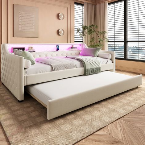 Cama nido de lino beige 90x200 cm con somier, cama extraíble 90x190, LED y puertos USB (1/5)