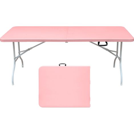 Table pliante robuste 180 cm avec poignée, plastique haute densité, cadre acier, rose, pour intérieur et extérieur (1/5)