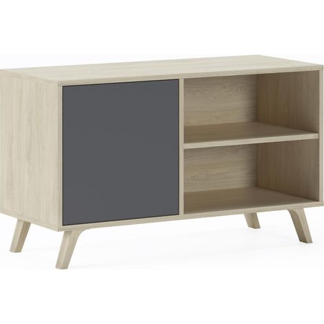 Skraut Home - Mueble TV 100 con puerta izquierda, salón comedor, Modelo WIND, color estructura Roble, color puerta Gris Antracita, medidas 95x40x57cm de altura. (1/5)