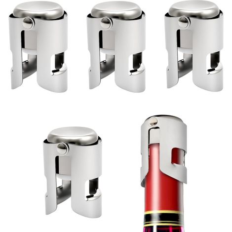 Lot de 4 bouchons de bouteille de champagne en acier inoxydable réutilisables scellés sous vide et anti-fuite, bouchon de prosecco pour vin pétillant et bière
