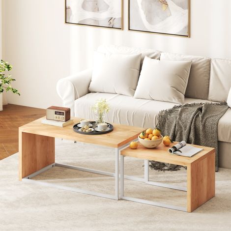 Juego de 2 Mesas de Centro Mesa Nido Moderna Marco de Metal para Salón 90x48x42 cm y 59x42x36 cm Natural y Blanco (1/5)