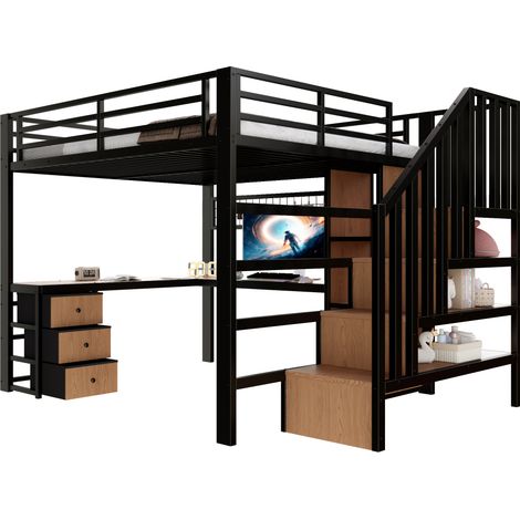 Lit Élevé 140x200cm - Métal avec LED, Bureau & Rangements - Pour Enfant, Chambre - Noir (1/5)