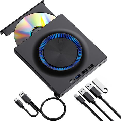 Lettore Blu-ray esterno, lettore DVD/BD, funzione di lettura/scrittura, registratore DVD UHD portatile, compatibile con Windows 7/8/10/11/PC, colore nero. (1/4)