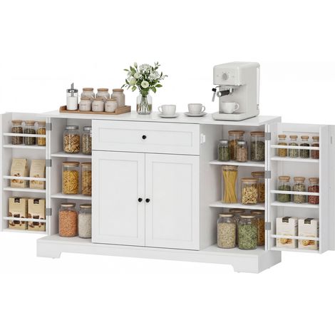 Weißes Küchen-Sideboard mit Schublade, 4 Türen mit Soft-Close-Funktion, verstellbaren Einlegeböden und Flaschenregal.