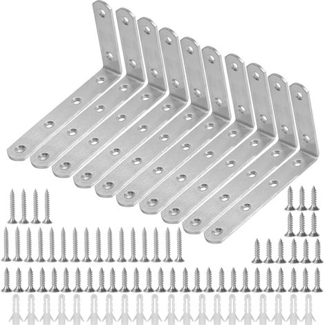 10 Pièces Équerres de Fixation, Support D'angle en Acier Inox en Forme de L, Équerre Étagère 90 Degrés Angle Droit, Support avec Vis et Ancres pour Fenêtres D'étagère de Bois, 125 mm x 75 mm (Argent) (1/5)