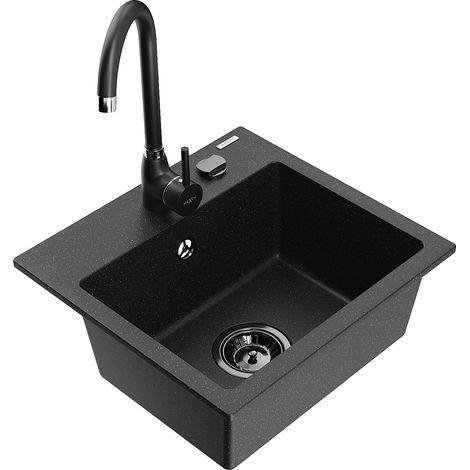 Mexen Milo Granitspüle 1-Kammer mit Küchenarmatur Telma, schwarz/silber - 6505-73-670200-70-B (1/5)